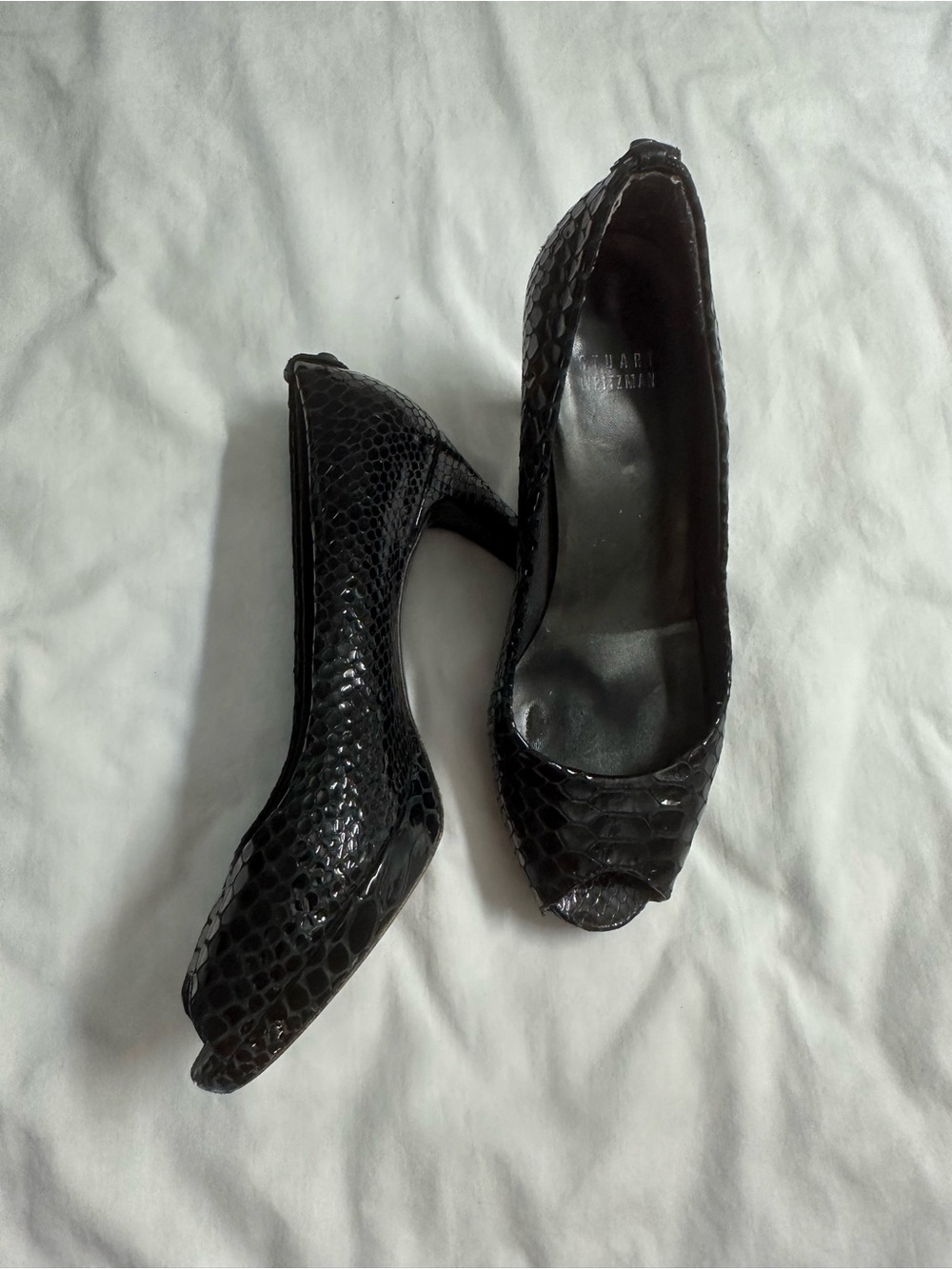 Stuart Weitzman Black Snakeskin Peep-Toe Pumps
